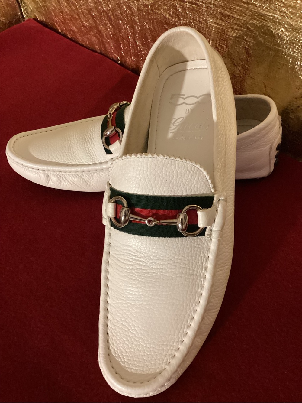 Gucci White Leather Loafers with Green-Red Web and Silver Bit